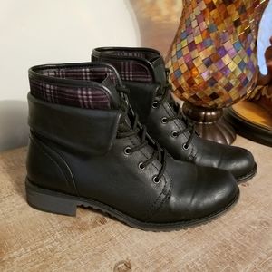 Black Leather and Plaid Lace-up Booties